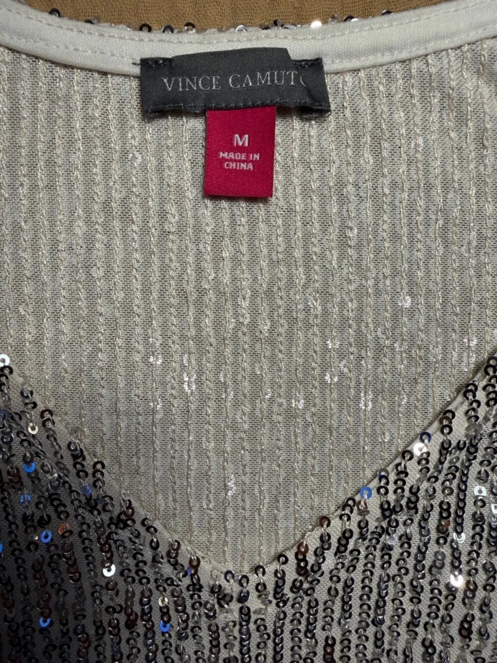 Vince Camaro Silver Sequin V-Neck Women's Blouse - Picture 2 of 5